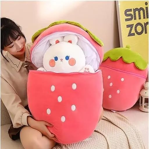 Image of Hidden Rabbit Strawbery Ziper Bunny Fruit Soft Toys Stuffed Animal Plush Sweet Surprise for Your Special Day Rabbit Plush Toy, for Hugs and Smiles- 35 cm (Pink)