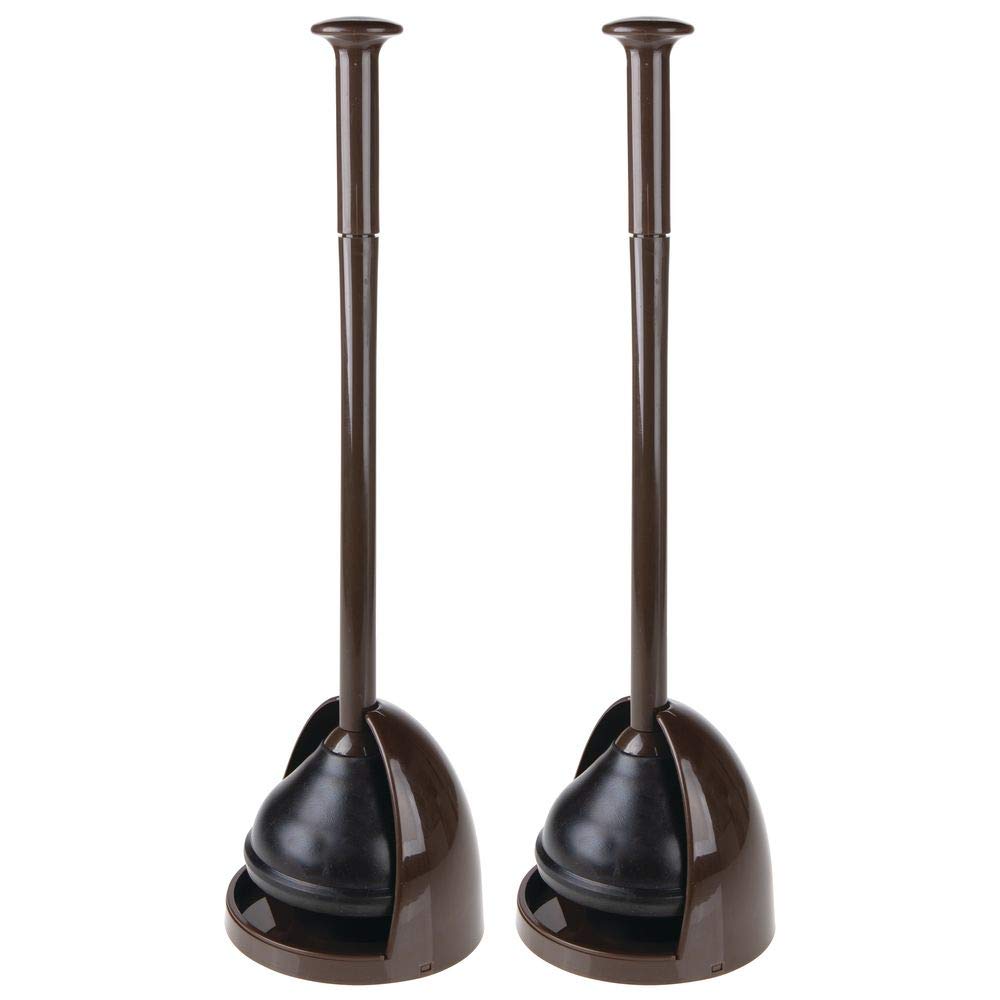 mDesign Plastic Toilet Bowl Plunger Set - with Drip Tray, Compact Discreet Freestanding Bathroom Storage Organization Caddy with Base, Sleek Modern Design - Heavy Duty - 2 Pack, Dark Brown