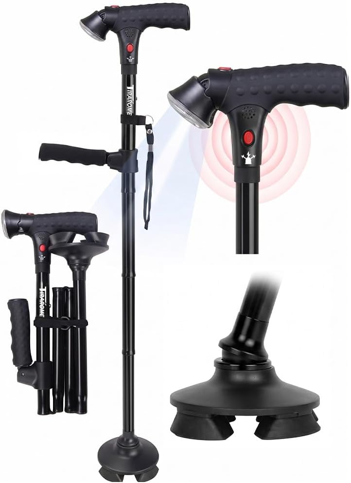 Walking Cane for Men & Women, Smart Cane with Alarm & Light | Foldable,Free Standing, All Terrain, Collapsible, Second Handle, Adjustable, Travel Bag, Seniors & Adults