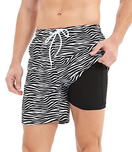 Jimlieay Men's Swimming Trunks with Compression Liner 2 in 1 Breathable Swimming Shorts Men Elastic Short Swimming Trunks Swimming Trunks Training Shorts, Zebra stripes., 34-36