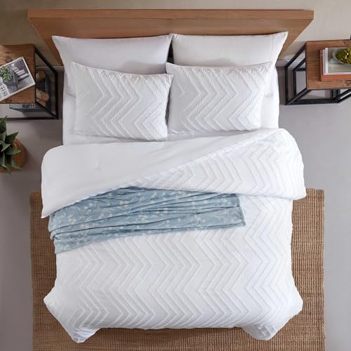 Juego de edredón Queen reversible blanco colcha suave con fundas almohada y manta sofá 3