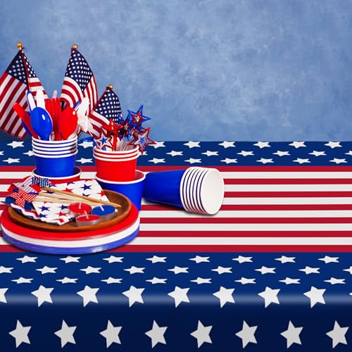 Image of 3 Pack Plastic 4th of July Tablecloths, Patriotic USA Flag Party Supplies | 108 inch X 54 inch 4th of July Decoration, Disposable Red White Blue USA Flag Tablecover, Waterproof Independence Decor for USA Party