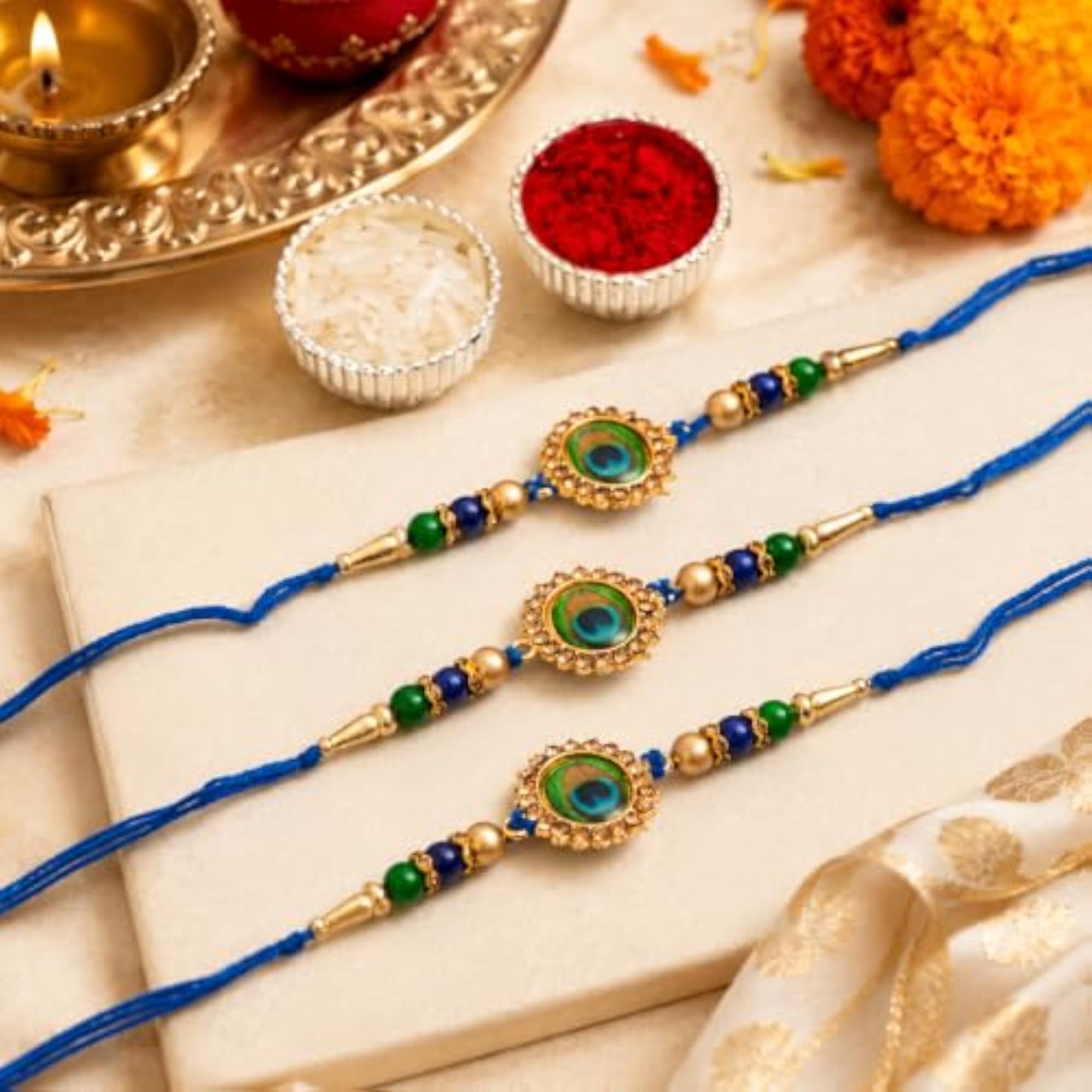Peacock Feather Rakhi Bracelet Set of 3 for Rakshabandhan