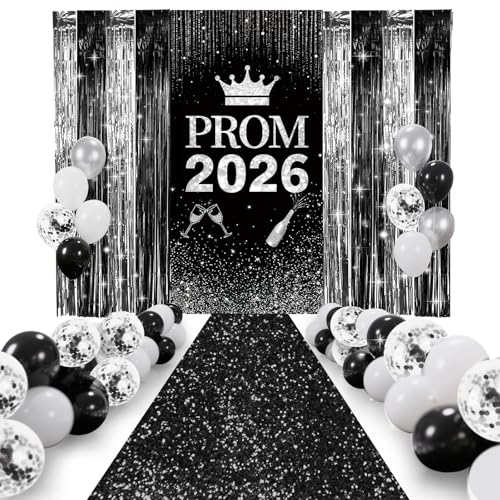 Prom 2026 Party Decorations Set Glitter Carpet Runner 15 x 2ft Runway Rug for Prom Party with Prom 2026 Door Banner Tinsel Foil Fringe Curtains Balloons for Graduation Prom Decoration (Black)