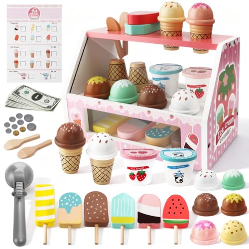 BBWELL Heladería Niños de Madera,Heladeria Juguete,Tienda de Helados Accesorios de Cocina,Tienda de Compra Juego de rol,Helados Juguete Juego Educativos Regalo para Niñas Niños 3 4 5 6 años