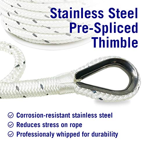 Image of Better Boat Premium Anchor Rope, 100 Ft Double Braided White Nylon Marine | Line, Reflective 3 /8 Inch Reel for Anchors and Boats, White