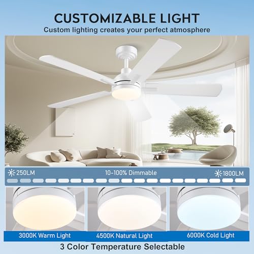 Image of JSAITEE 52 Inch Smart Ceiling Fan with Lights, Remote & App Control, DC Reversible Motor, 6 Speeds Quiet 35dB, 3CCT Dimmable LED, Low Profile Modern Ceiling Fans for Bedroom Living Room, White