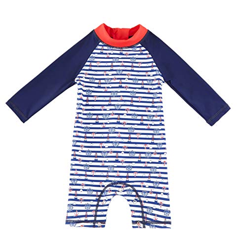 Toddler Boys One Piece Zipper Swimsuit with Snap Bottom UPF 50+ Sun Protection Long Sleeve Swimwear (Beacon Printing,18-24 Months)