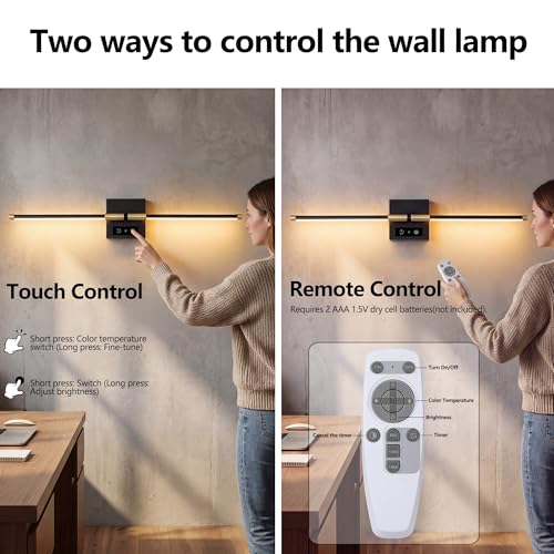 Battery Operated Wall Sconce of 2,No wiring required,2 Remote,28.3'',Black - image 4