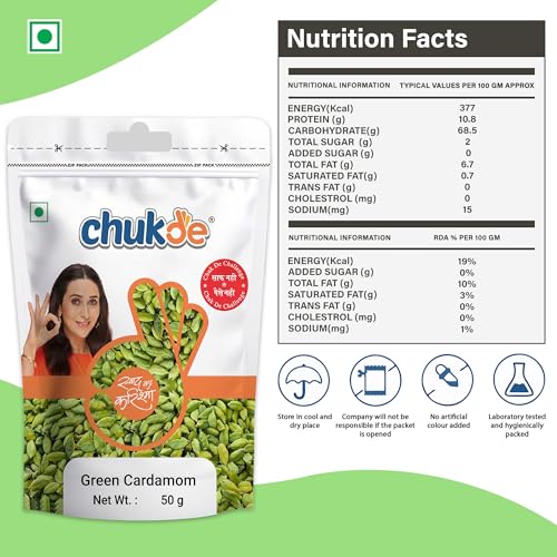 Image of Chukde - Hari Elaichi (1.76 OZ) - Green Cardamom - Authentic Indian Spice - Bold Flavor & Fresh Aroma - Ideal for Tea, Desserts & Curry - Whole Spices - 50 Gram (Pack of 2)