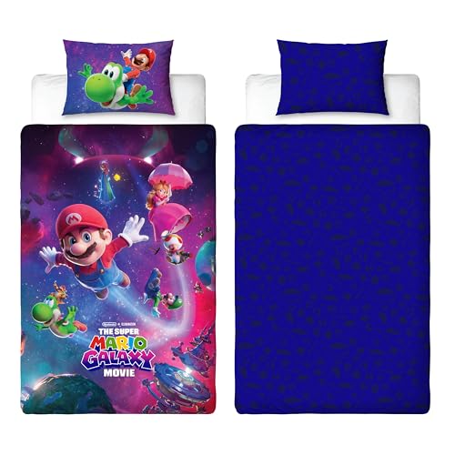 Super Mario Movie 2 Housse de Couette Simple Officielle | Design Super | Literie réversible 2 Faces Noire avec taie Assortie | Multicolore