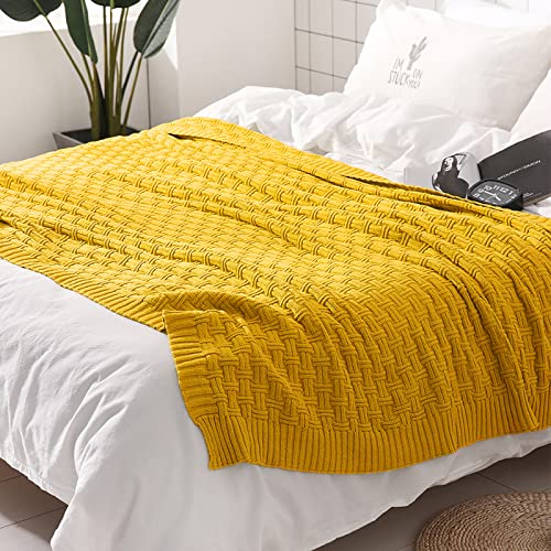 Image of TREELY 100% Cotton Knitted Throw Blanket 50 x 60 Inches, Gold Yellow