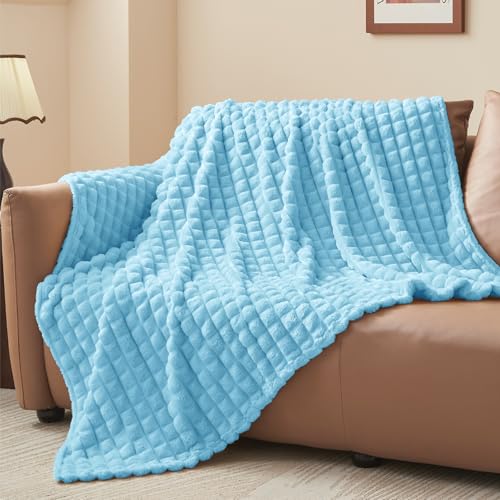 Image of BEDELITE 3D Checked Light Blue Fleece Throw Blanket for Couch, 50x60 Inches