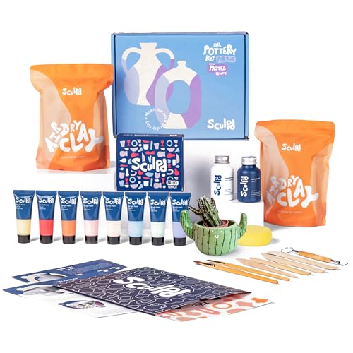 Sculpd – Das originale Töpfer-Set, Komplettes lufttrocknendes Ton-Set für Erwachsene, inklusive Modellierwerkzeugen, Lack, Pinseln, Anleitungen sowie Kunst & Bastelset, Glanzlack mit Pastelltönen