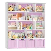 FOREHILL Kids Toy Storage Unit Childrens Bookcase Toy Organiser Kids Bookshelf, 10 Open Compartments, 4 Drawers with Wheels, for Nursery Playroom White+Light Purple 125.5x33x146cm