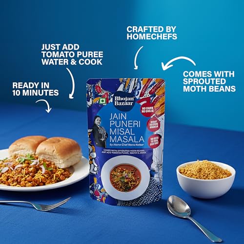 Image of Bhojan Bazaar Jain Puneri Misal Masala - Pack of 2, 70 g Each | No Onion No Garlic Ready To Cook in 10 min | Serves 4 | Authentic Puneri Taste Jain Masala with Sprouted Moth Beans | No Added Preservatives