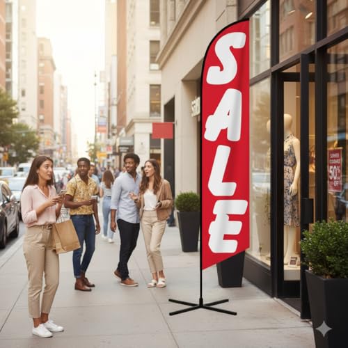 Image of The Flag Company Sale Feather Flag 8ft - Includes X-Base, Poles & Water Bag | Durable Advertising Flag for Stores, Retail Shops, Businesses & Events