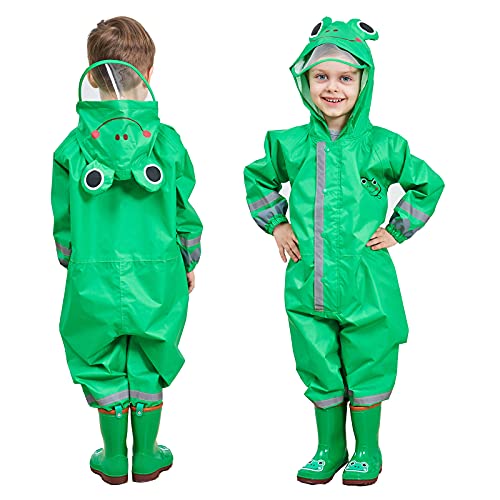 FILOWA Raincoat Kids Hooded Boys Puddle Suit Green Rainwear Lightweight Portable All in One Waterproof Rainsuit Breathable PVC Transparent Brim Zipper Muddy Suit for Childs 5-7 Years