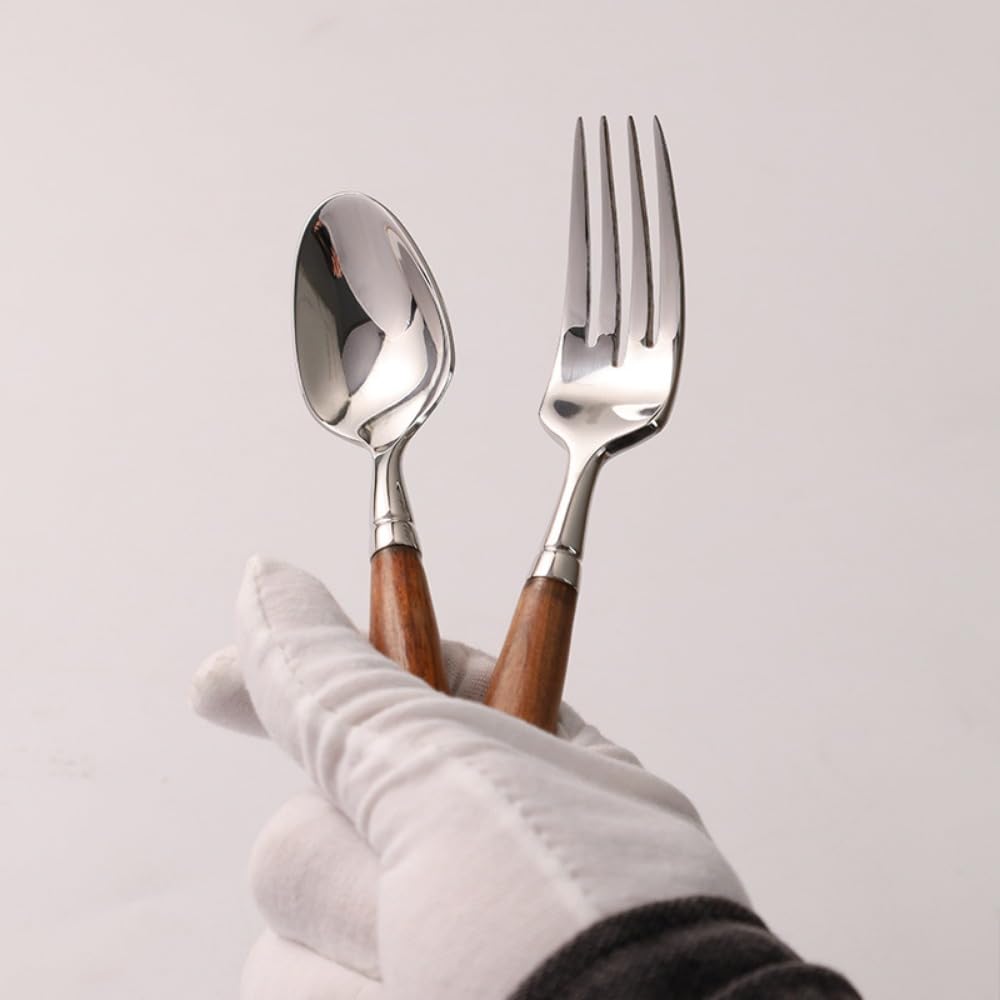 Rosso Cannella Legno Manico Cucina Acciaio Inox Argenteria Stoviglie Posate Set Bistecca Coltello Forchetta Cucchiaio Cucchiaino (Argento,5 pezzi)