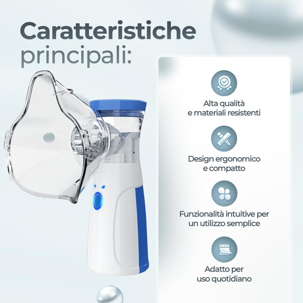Nebulizzazione Portatile con Inalatore Avanzato - Pulizia Automatica, Capacità 5 ml, Ricarica Tipo-C, Silenzioso e Facile da Usare, Ideale per Asma e Raffreddore