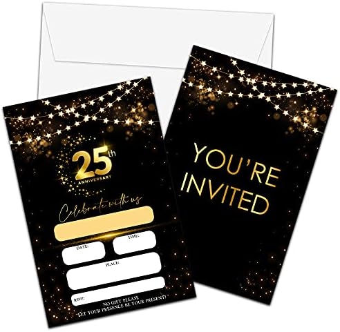 25th Anniversary Invitations Cards, Black Gold Glitter Wedding Anniversary Invitations with Envelopes, Celebrate With Us Fill-in Invites Cards, Anniversary Party Supplies Decorations(Pack of 25)