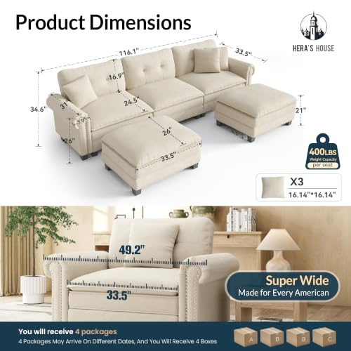 Image of HERA'S HOUSE 116 inch Oversized U Shaped Modular Sectional Couch Living Room | Mid-Century Modern 5-Seater Cloud Sofa, White, Rolled Arms & Nailhead Trim, Wider Deeper Seats, Ottoman, Chenille