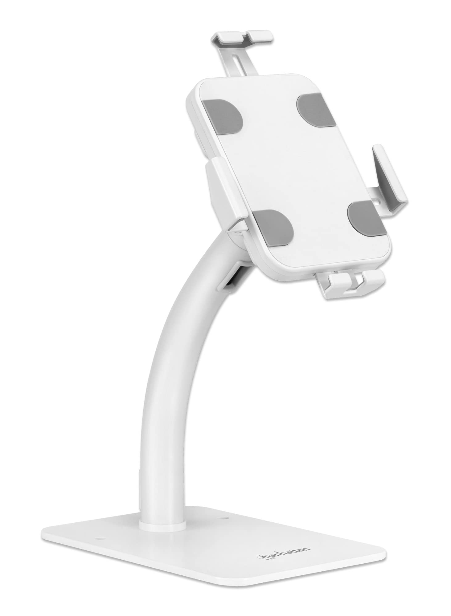 Manhattan Supporto da tavolo antifurto con supporto per tablet e iPad, per tablet da 7,9" a 11", girevole a 360°, inclinabile da 20° a -110°, autoportante, bianco, 406352
