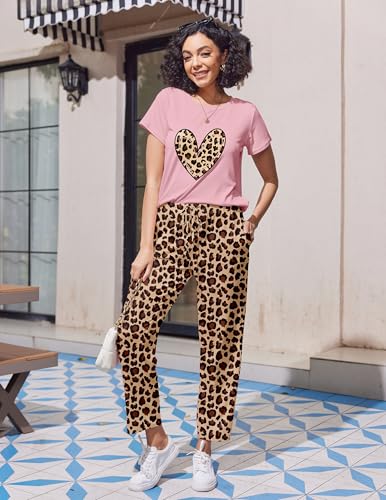 Image of Ekouaer Pajama Sets for Women Round Neck Pjs Short Sleeve Sleepwear with Long Pants Loose Lounge Sets