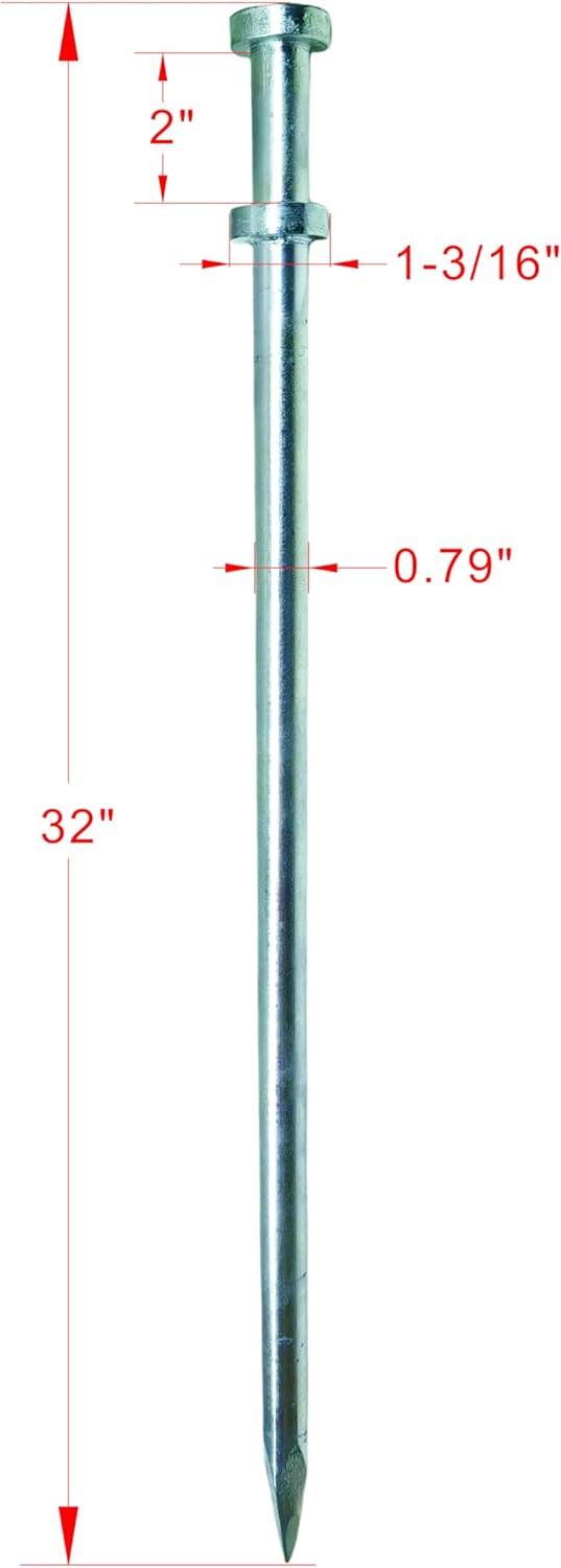 Double Head Tent Stakes - Heavy Duty 1045 Steel Heat-Treated Ground Spikes, Forged Geometric Sharp Tips for Stronger Hold, 0.79”(20mm) Diameter, 4-Pack (32 in)