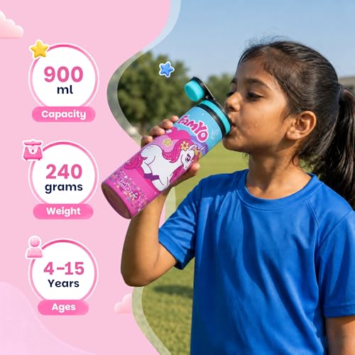Image of Famyo Stainless Steel Unisex Kids Water Bottle 900ml, Unicorn Design | Girls & Boys, Leakproof Sipper with Carry Loop, BPA Free, Personalizable Name Space, School, Outdoor & Travel