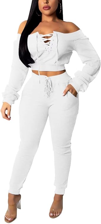 acelyn Sexy 2 Piece Outfits for Women Off Shoulder Lace Up Long Sleeve Crop Top Pants Sets Tracksuit Casual Sweatsuit
