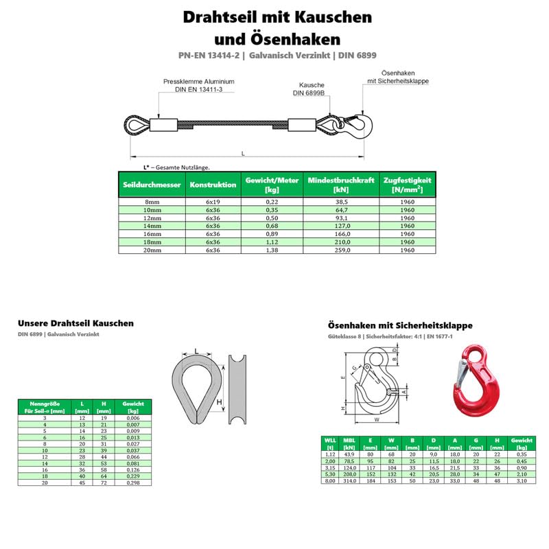 Stahlseil mit Haken 8mm Durchmesser 30m Länge - Drahtseil mit Haken - Seil mit Kauschen - Anschlagseil - Forstseil