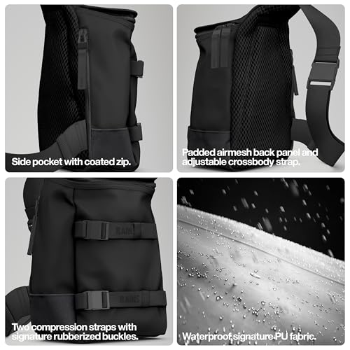 Image of RAINS Trail Sling Bag - Black Waterproof Crossbody Bag for Men and Women with Coated Zip Closure, Airmesh Back Panel and Compression Straps - 2 Year Warranty