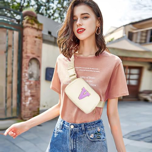 Image of Gitus Gifts for 8 9 10 11 12 Year Old Girls Belt Bag Fanny Pack Crossbody Bags with Initial Letter Patch Cute Stuff Birthday Gifts for Teen Girls Women Personalized Trend Stuff (Ivory-V)