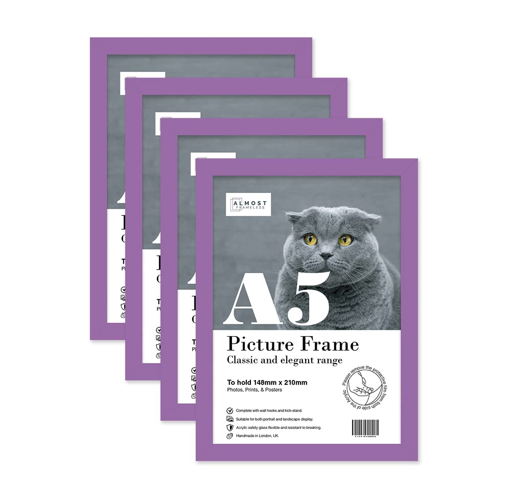 Almost Frameless A5 Purple Picture Frame Set of 4, Display A5 Picture Gallery Wall, Poster, Photo, Artwork, or Print, Purple