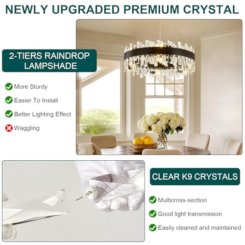 Image of AioTio Modern Crystal Chandelier, D23.6'' Black Round Farmhouse Industrial Hanging Chandelier, K9 Crystal Raindrop Adjustable Chandeliers for Dining Room,Bedroom, Kitchen Island,Living Room,Foyer