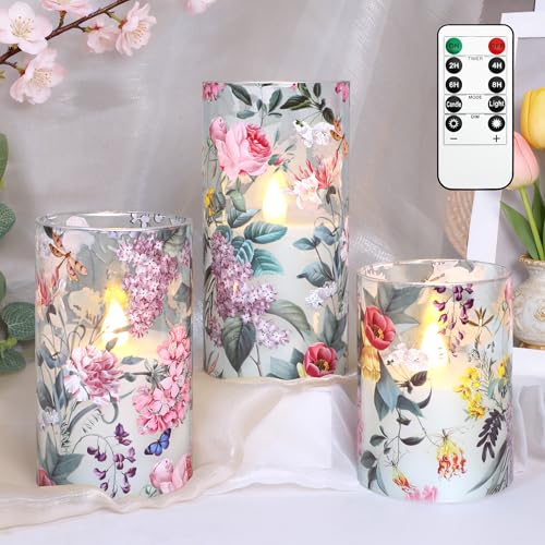 Image of CRYSTAL CLUB Floral Glass Flameless Candles Battery Operated with Remote, Realistic LED Flickering Pillar Candle for Wedding, Home Decor