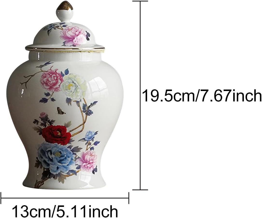 Ginger Jar with Lid Blue and White Porcelain Storage Jars Chinese Ceramic Decorative Floral Vase for Home Office Decor (White Flower)