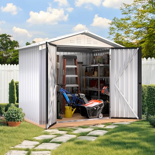 Image of DWVO 6x4ft Small Tool Storage Shed, Lockable Doors, and Sloped Roof, Oversized Steel Outdoor Storage Shed for Garden, Patio, Garage, Backyard, Lawn - White