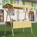 MLYAYE Marktstand, Imbisswagen Tragbarer Verkaufsständer aus Holz mit Baldachin/Tischdecke, 120/150 cm lang, mobiles Streetfood, zusammenklappbar, auf Rädern(Yellow 1,L 150CM)