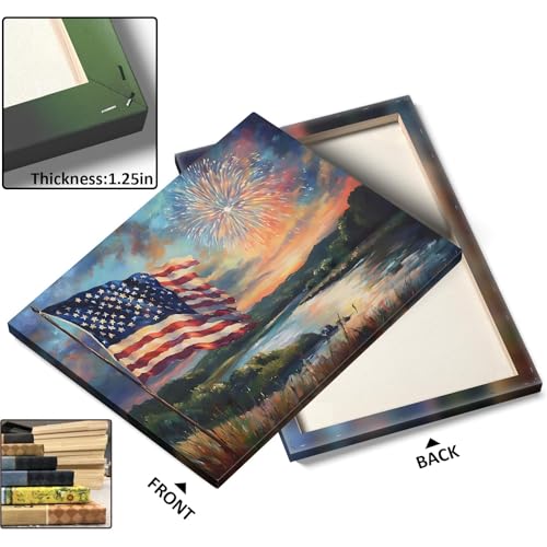 Image of 4th of July Canvas Wall Art, Sunset Lake and American Flag with Fireworks Print, Patriotic Memorial Day Independence Celebration Framed Artwork for Living Room and Porch Decor 24x30inch