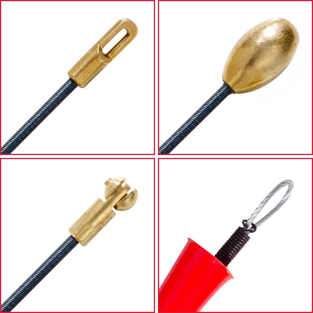 Igła elektryka 50 m, Φ 4,5 mm przewód + 5 adapterów | Kabel elektryczny z bardzo wytrzymałego poliestru | Kabel światłowodowy + 2 elastyczne głowice prowadzące. Do pracy PRO