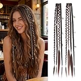BONNYWAY Clip in Braid Hair Extensions 16' 2PCS Color Dark Brown Mix,Boho Dreadlocks Handmade Synthetic Braids with Beads & Charms Braided Hairpieces for Women