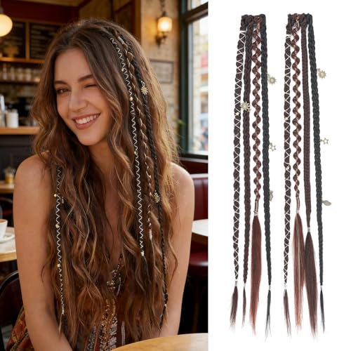 BONNYWAY Clip in Braid Hair Extensions 16" 2PCS Color Dark Brown Mix,Boho Dreadlocks Handmade Synthetic Braids with Beads & Charms Braided Hairpieces for Women