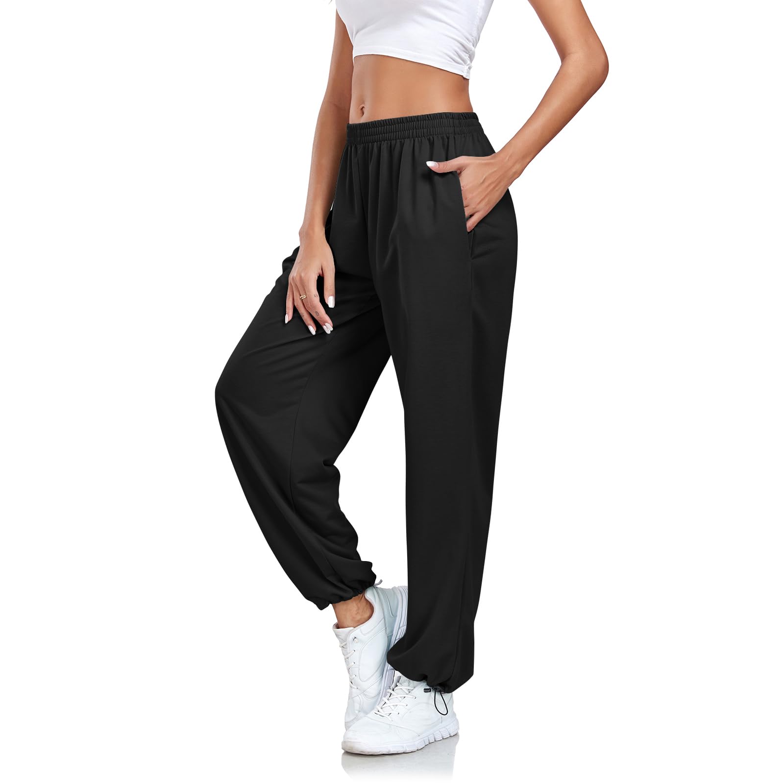 Enwokran Pantalon de Jogging Femme Pantalon de Survêtement Ample avec Poches à Taille Haute élasticité Sudation Réglable Casual Pant Pantalon de Sport D'été à Jambes Larges