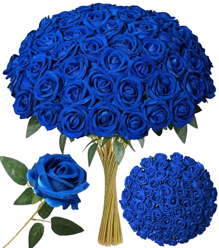 Image of 50 PCS Blue Roses Artificial Flowers, Real Looking Fake Roses with Long Stems Silk Flowers for DIY Wedding Bouquet Party Celebration Home Bridal Shower Decoration Valentine's Day Gift for Her Wife