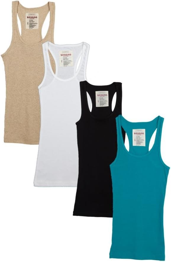Zenana Outfitters 4 Pack Womens Ribbed Racerback Tank Top Black/White/HBEIGE/Teal M
