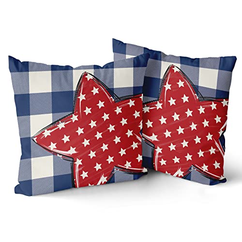Patriotic 4Th Of July Pillow Covers 18X18 Inch Set Of 2 Red Stars Print Blue Buffalo Plaid Throw Pillows America Holiday Pillow Case Cotton Square Cushion Cover Decor For Couch Bed Living Room Sofa #TOP1