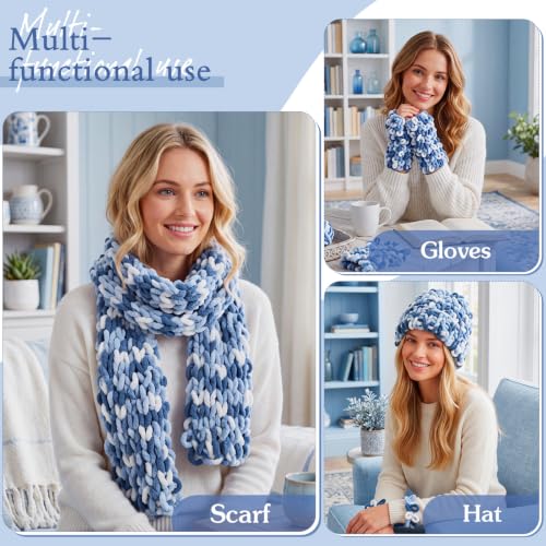 Image of Threlaco Finger Loops Yarn Bulk Soft Chunky Yarn 600 G / 6 Skeins for Mothers Day Beginners Knitting No Needles or Hooks (White, Light Blue, Dark Blue,6 Pack)