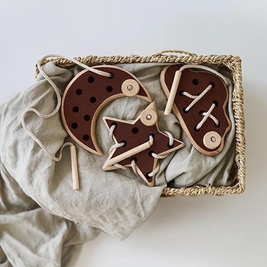 ANAIZA Wooden Lacing Toy for 2 Years Todller Skills Development Toy for Toddlers Montessori Materials for Learning Sewing Kit for Kids Montessori Toys (Brown, Cloud) 4